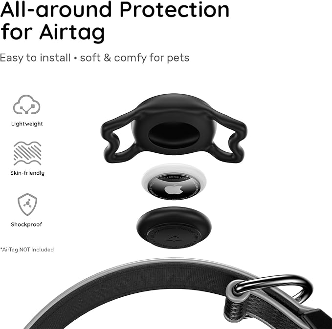 Airtag Dog Collar, IPX8 Waterproof Air Tag Dog Collar Holder | Reflective Ultra-Durable | Soft Padded | Safety Locking Buckle | Fit Miedium Dogs (Black M(12.6"-19.6"))