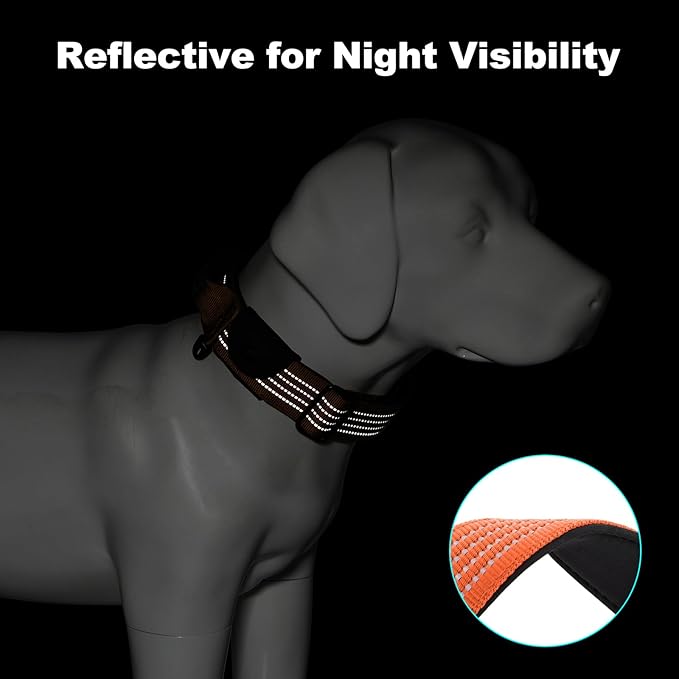 Plutus Pet Tactical Dog Collar with Tracker Pocket for AirTag, Adjustable Reflective Nylon Collar, Metal Buckle, Leather-Wrapped Handle, Soft Padded for Medium Large Dogs (Orange, S)