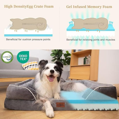 Comfort Expression Orthopedic Dog Bed for Extra Large Dogs 42x30 Inch, Waterproof Supportive Memory Foam XL Pet Bed with Removable Bolster, Dog Couch with Washable Cover & Non-Slip Bottom, Silver Grey