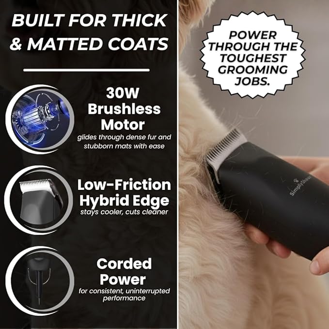 SIMPLYSHEAR Professional Dog Clippers for Grooming | High-Performance 2-Speed Corded Shears for Thick, Curly Coats & Matted Hair | Low-Noise Pet Grooming Kit with Heavy Duty Hair Trimmer, Black