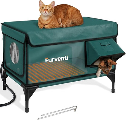 Outdoor Heated Cat House in Winter,Extremely Insulated & Weatherproof,Elevated Feral Cat Shelter with Waterproof Eaves & Escape Door for Outside Stray Barn Cat (Green,M)