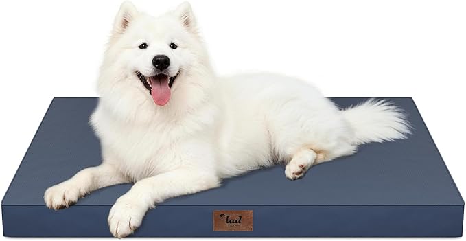 Tail Stories Outdoor Large Washable Dog Bed, Orthopedic Egg Crate Foam Dog Crate Mat for Large Dogs with Removable Oxford Cooling Cover, Navy