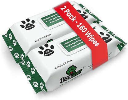 Unscented Dog Wipes for Cleaning & Deodorizing - XL, Thick & Hypoallergenic Pet Wipes for Dogs Paws, Butt and Body - Made with Naturally Safe Ingredients Like Aloe Vera (160 Count)