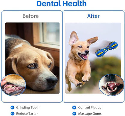 AUSCAT Teething Dog Toys, Durable Squeaky Dog Toys, Rubber Chew Toys for Dogs, Dumbbell Shape, Blue