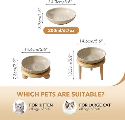 Havniva Raised Ceramic Wide Whisker Friendly Cat Dish, Anti-Slip Food&Water Bowl with 2 Style Stand Adjustable Pet Bowl Set (1Dish+Stand, Vintage Latte)
