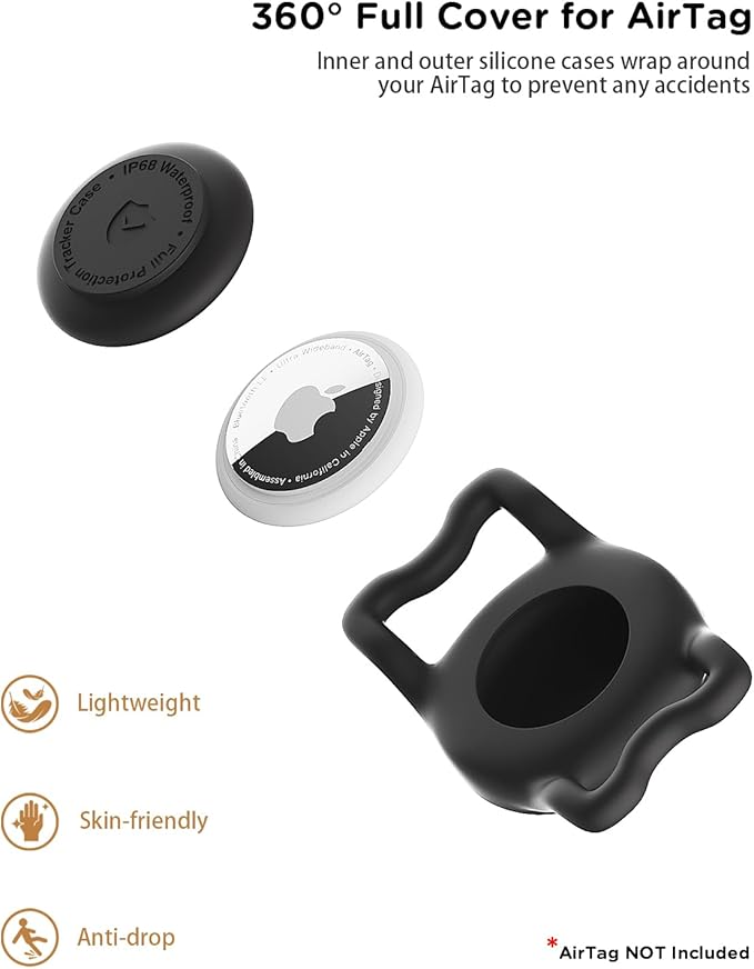 WhoseID IP68 Waterpoof Dog Air tag Holder, Stretchy Silicone Full Body Covered Apple Air Tag Holder for Dog Cat Collar Fit All Width Collar (Black1, 1 Pack)