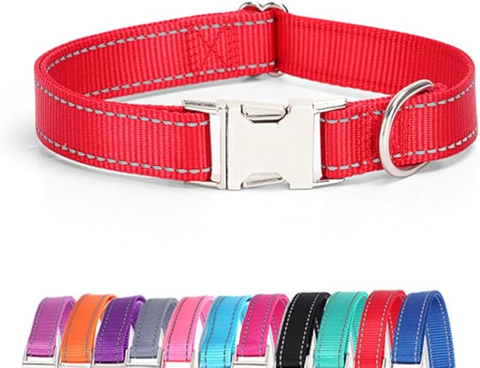 Reflective Dog Collar and Leash Set with Metal Buckle, Soft Sturdy Nylon Dog Collars with Quick Release Buckle, Adjustable Pet Collars with with ID Tag Ring for Small Medium Large Dogs