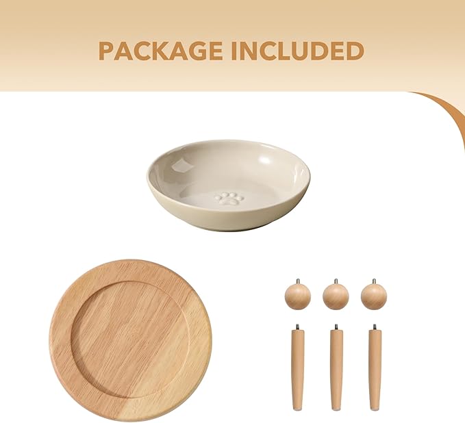 Havniva Raised Ceramic Wide Whisker Friendly Cat Dish, Anti-Slip Food&Water Bowl with 2 Style Stand Adjustable Pet Bowl Set (1Dish+Stand, Vintage Latte)