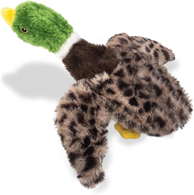 Calibonbon Duck Dog Squeaky Toy for Aggressive Chewers - No Stuffing Durable Plush with 4 Squeakers & Crinkle Wings, Chew Proof Puppy Toys for Small Medium Large Dogs (Green & Brown)