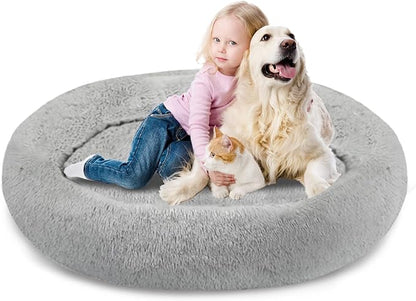 SAVFOX Plush Calming Donut Dog Beds for Small Dogs, Medium, Large & X-Large Breeds, Comfy Cuddler Dog Bed and Cat Bed in Faux Fur, Washable, Multiple Sizes S-XXL