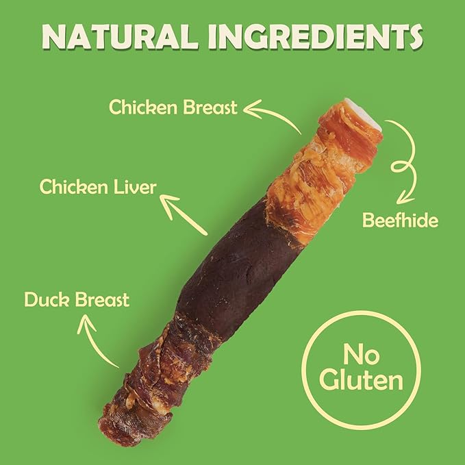 MON2SUN Dog Treats Triple Flavor 9 Inch Chicken Liver Duck and Chicken Wrapped Rawhide Rolls, Teeth Cleaning and Long Lasting Chews for Medium and Large Dogs, 22.2 oz(4 Count)