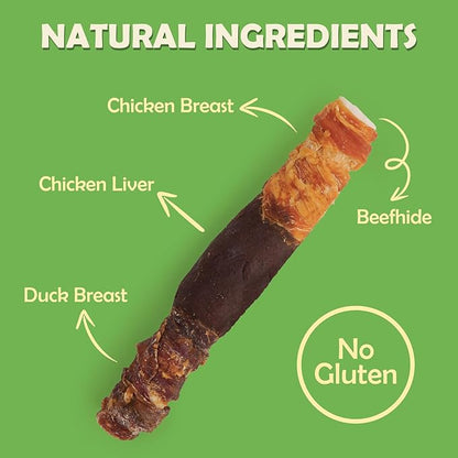 MON2SUN Dog Treats Triple Flavor 9 Inch Chicken Liver Duck and Chicken Wrapped Rawhide Rolls, Teeth Cleaning and Long Lasting Chews for Medium and Large Dogs, 22.2 oz(4 Count)