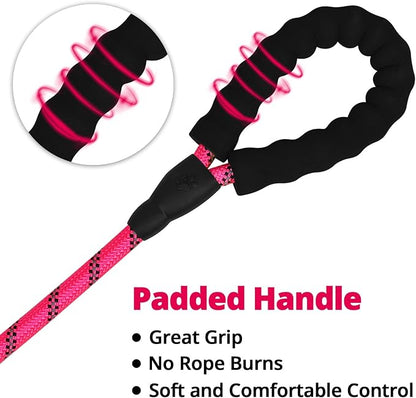 Rope Dog Leash 5 FT: Heavy Duty Leashes with Swivel Lockable Hook Reflective Threads Bungee and Padded Handle - Dog Lead for Large Small Medium Dogs Outside Walking Hiking Pink