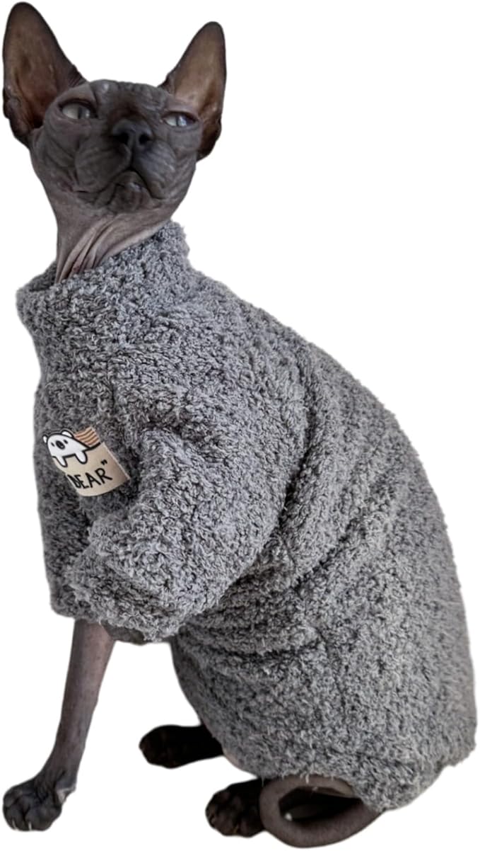 Sphynx Cat Clothes Hairless Cat Super Soft Warm Fleece T Shirt Elastic Winter Sweater Outfit, Pet Clothes for Sphynx Cat Coat for Cats and Small Dogs Apparel (Grey, Small)