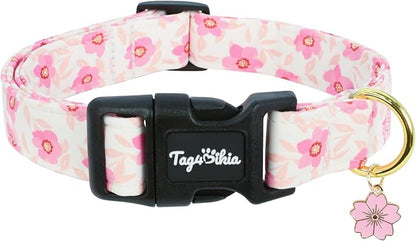 Dog Collar with Pink Cherry Blossom Patterns, Spring Summer Collection Dog Collar with Exquisite Pendant, Durable Adjustable Collars for Gifts & Daily Use-M