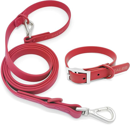 ZALER Dog Collar and Leash Set, Waterproof Adjustable Odor Proof Pet Collars Leashes Easy to Clean, 6FT Dog Leash with 2 Hooks for Large, Medium Small Dogs (S, Red)