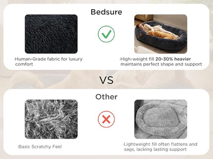 Bedsure Calming Human Dog Bed, 71" x 44" x 12" Giant Human Dog Bed for Adults People Fits Pet Families with Storage Pocket, Fluffy Faux Fur Orthopedic Pet Bean Bed, Dark Grey