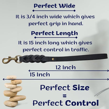 Leather Short Dog Leash 15 Inch - Short Dog Traffic Lead for Large Dogs Training and Walking - Braided Leather Tab for Large Dogs - Full Grain Heavy Duty. (Black, 1 FT)