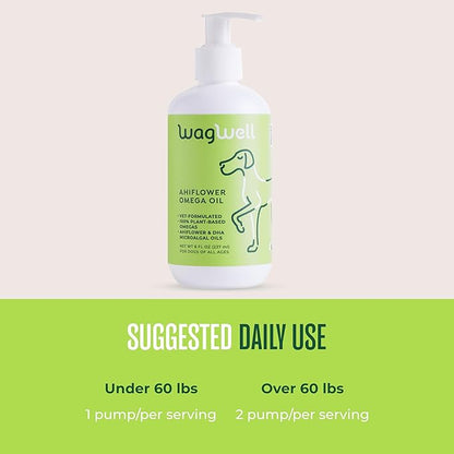 WagWell Ahiflower Omega Oil – Vet-Formulated, All Natural, Made in The USA – Skin, Coat, & Joint Food Topper for Dogs – Plant-Based Omega 3, 6 & 9 Supplement – Dog Fish Oil Alternative, 8 fl oz