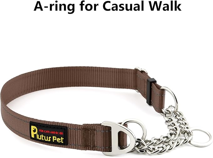 Plutus Pet Martingale Dog Collar with Stainless Steel Chain and Reflective Nylon, Adjustable No Pull Training Collar, for Small Medium, and Large Dogs, Chocolate, L