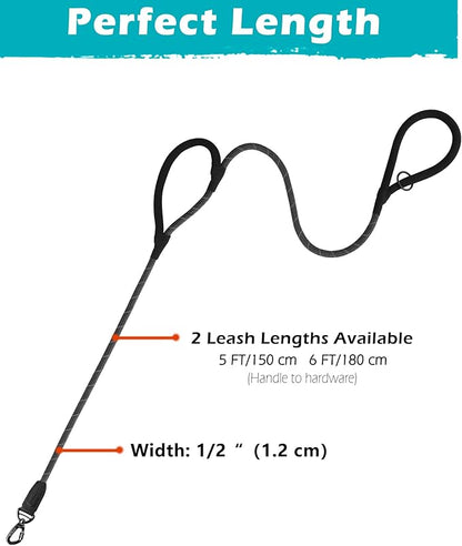 PetBonus Double Handle Rope Dog Leash, 5FT Heavy Duty Training Lead with Lockable Hook and 2 Comfortable Padded Handles, Reflective Walking Nylon Leash for Large Medium Dogs (55-200 lbs, Black Grey)