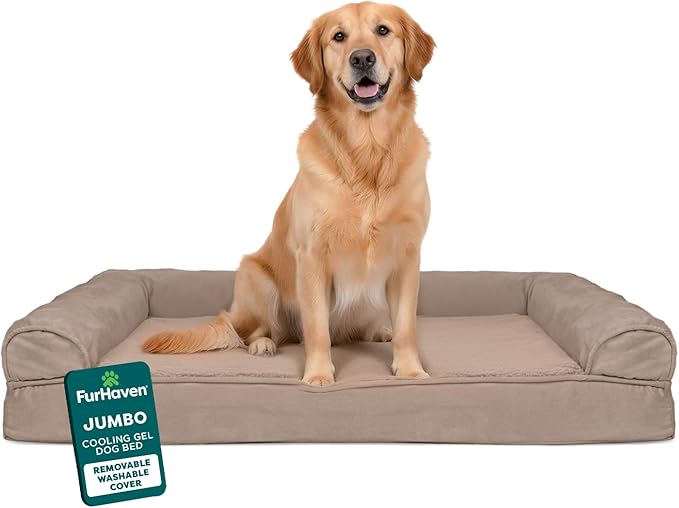 Furhaven Cooling Gel Dog Bed for Large Dogs w/ Removable Bolsters & Washable Cover, For Dogs Up to 95 lbs - Plush & Suede Sofa - Almondine, Jumbo/XL