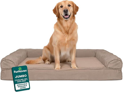 Furhaven Cooling Gel Dog Bed for Large Dogs w/ Removable Bolsters & Washable Cover, For Dogs Up to 95 lbs - Plush & Suede Sofa - Almondine, Jumbo/XL
