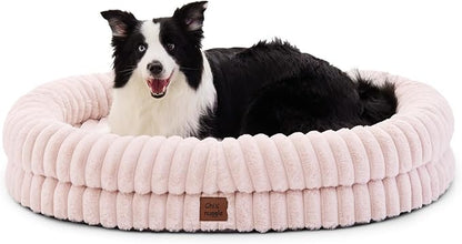 ChiXnuggle XL Dog Bed - Luxury Striped Faux Fur Waterproof Pet Couch with Removable Washable Cover, Orthopedic Dog Bed with Bolster Sides for Sleeping, Pink