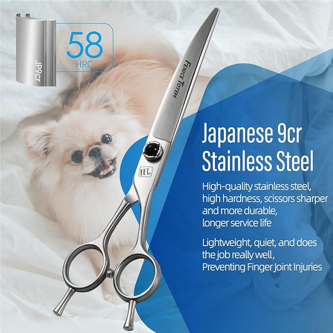 Fenice Totem Dog Grooming Scissors: 7 inch Pet Curved Shears Made Of Japanese 9CR Advanced Stainless Steel Professional Grooming Scissors for Dogs Cats and Other Pets