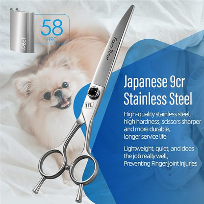 Fenice Totem Dog Grooming Scissors: 7.5 inch Pet Curved Shears Made Of Japanese 9CR Advanced Stainless Steel Professional Grooming Scissors for Dogs Cats and Other Pets