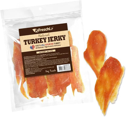 A Freschi srl Natural Turkey Dog Treats, USA-Sourced Trukey, All-Natural, Hypoallergenic, High-Protein, Low-Fat, Healthy & Easily Digestible, Puppy & Training Snack, Jerky 4 oz