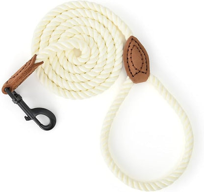 Mile High Life Dog Leash, Braided Cotton Rope Leashes with Leather Tailor Tip with Leather Tip - Heavy Duty Metal Clasp, 5FT, 1/2" Thick - Wedding, Walking Leash for Medium Large Dogs(Cream White)