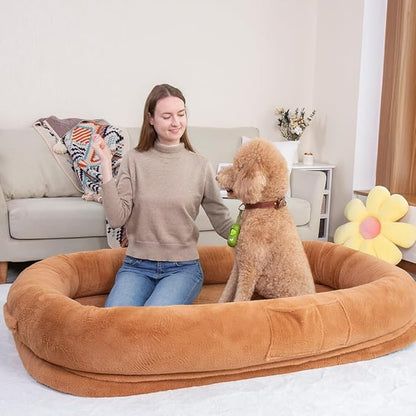 Human Dog Bed 63”x36.6”x11” Large Dog Bed with Raised Cushioned Rim, Removable Cover, Waterproof Lining and Bonus Blanket; Washable-Luxury Fluffy Nap Bed (63"x36.6"x11", Brown)
