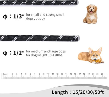 Long Dog Leash for Training 50Ft-Reflective Nylon Rope with Swivel Hook-Recall Agility Lead for Large Small Medium Dogs Outside Walking Hiking-Black
