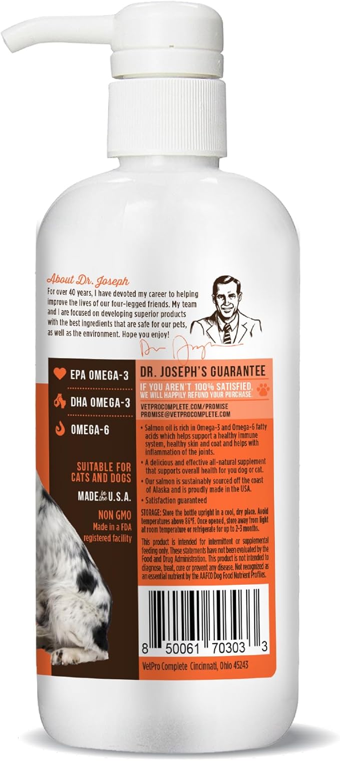 Dr. Joseph's VetPro Complete Wild Alaskan Salmon Oil Supplement for Dogs & Cats, 16 Ounces, Omega 3 & 6 Liquid Fish Oil, EPA + DHA Fatty Acids, Coat & Joint Support, Helps Dry Skin & Allergies