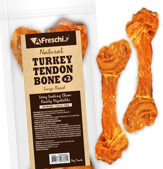 A Freschi srl Turkey Tendons for Dogs, USA-Sourced, Healthy Dog Treats, Rawhide-Free Puppy Chews, Long Lasting, All Natural, Hypoallergenic Dog Treats for Large Breeds, 2 Count Pack Bone (L)