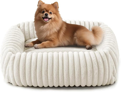 FURTIME Dog Bed for Small Medium Dog, Washable Orthopedic Pet Bed with Removable Cover, Rectangle Soft Calming Sleeping Puppy Bed Durable Pet Cuddler with Anti-Slip Bottom, Cream, M (25"x21"x7")