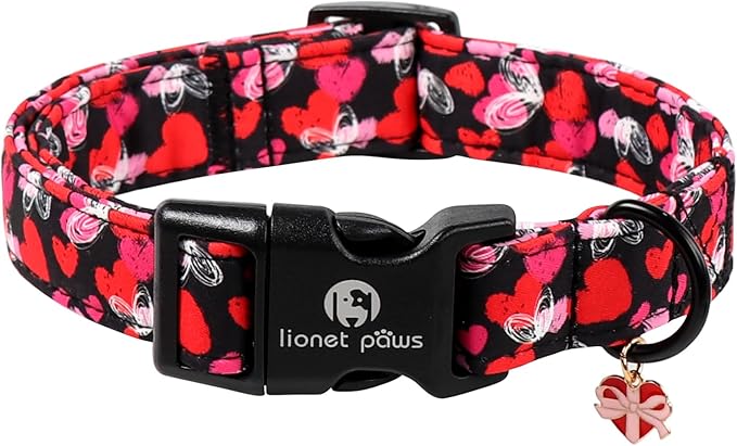 Lionet Paws Valentine's Day Dog Collars - Red Pink Hearts Black Dogs Collar with Plastic Buckle and Heart Pendant,Dog Collar for Medium Dogs