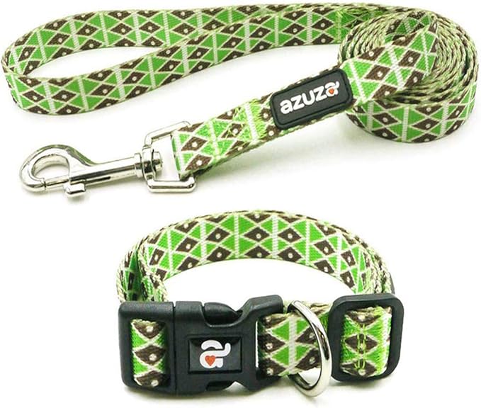 azuza Dog Collar and Leash Set, Adjustable Nylon Collar with Matching Leash, Green Diamond for Small Dogs