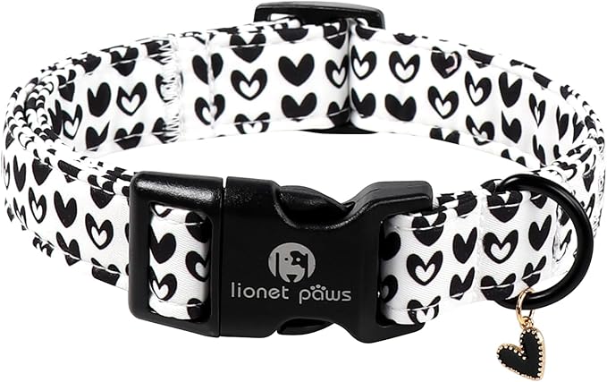 Lionet Paws Valentine's Day Dog Collars - Black Hearts White Dogs Collar with Plastic Buckle andHeart Pendant,Dog Collar for Medium Dogs