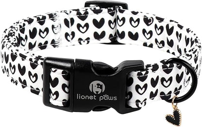 Lionet Paws Valentine's Day Dog Collars - Black Hearts White Dogs Collar with Plastic Buckle andHeart Pendant,Dog Collar for Medium Dogs