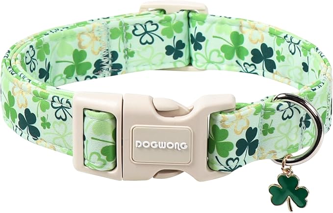DOGWONG St Patrick's Day Dog Collar-Cute Green Clovers Dog Collars, Adjustable Shamrock Pet Collars Trefoil Puppy Collar with Quick Release Buckle for Girl&Boy Dogs