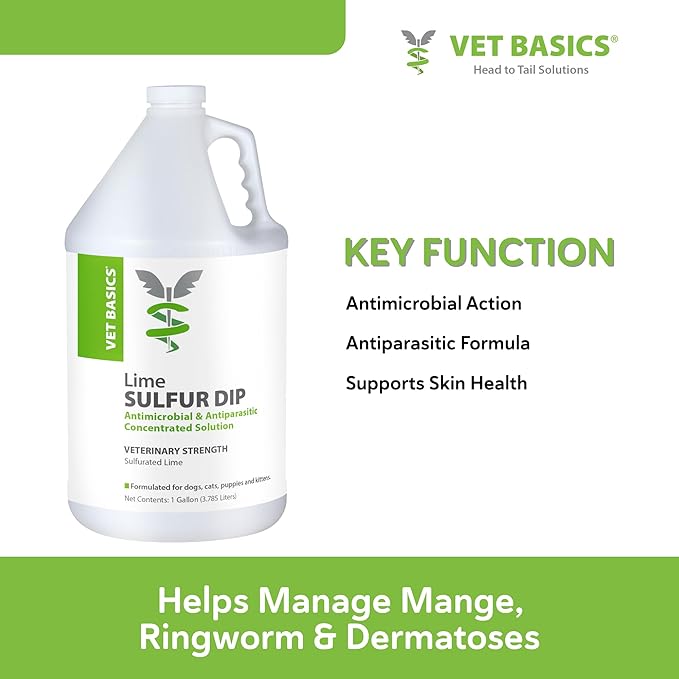 Vet Basics Lime Sulfur Dip – Skin Itch Relief Concentrated Antimicrobial & Antiparasitic Solution for Dogs, Cats, Puppies, Kittens & Horses, Helps Manage Ringworm, Mange, Skin Irritation, 1 Gallon