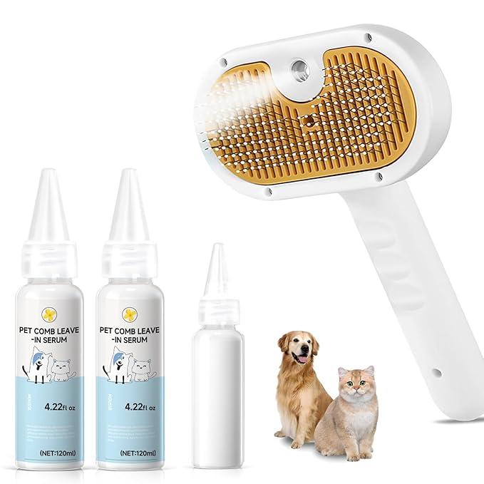 Pet Steam Brush for Dog & Cat - 3-in-1 Steam Grooming Brush for Shedding & Hair Removal - Pet comb leave-in serum with Mist for Long Haired Pets - Includes 2*Waterless Shampoo, Yellow