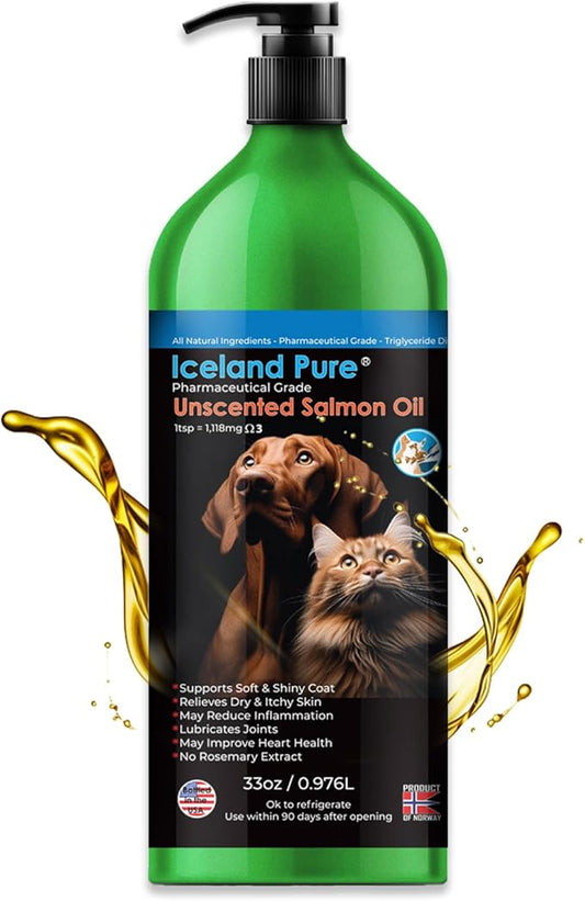 Iceland Pure Salmon Oil | Unscented Pharmaceutical Grade | 1118mg of Omega-3 per teaspoon | Liquid Food Supplement For Dogs and Cats | BPA-Free Brushed Aluminum Epoxy coated Bottle with Pump 33oz