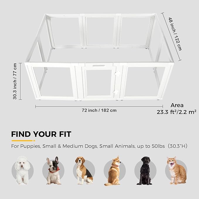 EVERFRONT Clear Acrylic Plastic Dog Playpen - Clear Dog Play Pen - Easy Assemble Acrylic Dog Playpen - Puppy Playpen, Cat Playpen, Small Animal Playpen, Dog Play Pen Indoors (White, 30.3" H, 10PCS)