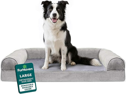 Furhaven Orthopedic Dog Bed for Large/Medium Dogs w/ Removable Bolsters & Washable Cover, For Dogs Up to 55 lbs - Faux Fur & Velvet Sofa - Smoke Gray, Large