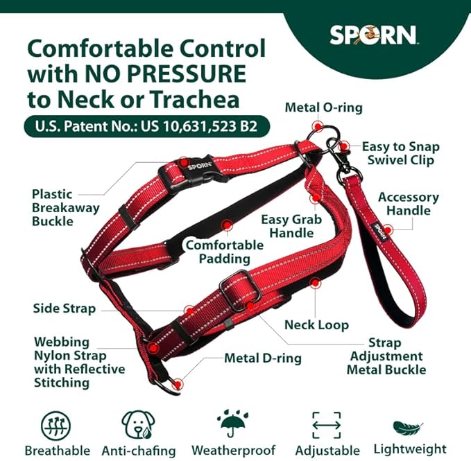 SPORN Ultimate Control No Pull Dog Harness for Medium-Sized Dogs - 4-in-1 Adjustable Dog Harness with Front, Back & Dual-Clip Options & Emergency Grab Handle - Easy On/Off, Padded Comfort (Red, M)