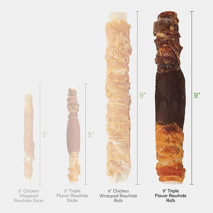 MON2SUN Dog Treats Triple Flavor 9 Inch Chicken Liver Duck and Chicken Wrapped Rawhide Rolls, Teeth Cleaning and Long Lasting Chews for Medium and Large Dogs, 22.2 oz(4 Count)