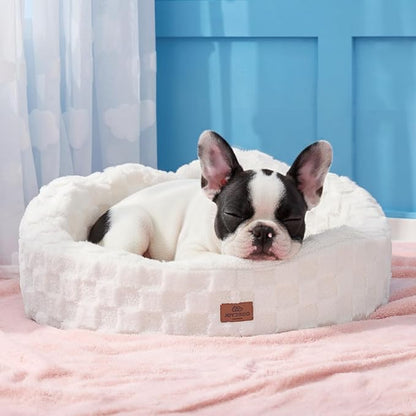 Joydeco Cloud Dog Bed for Small Dogs & Cats, Washable Pet Bed with Orthopedic Foam and Removable Checkered Plush Pad, Non-Slip Bottom for Indoor Puppies and Kittens, 27x24 Inch, White